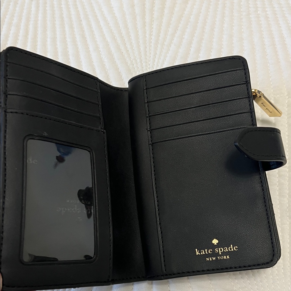 kate spade Quilted Black Leather Compact Wallet with Gold Logo - Picture 5 of 9